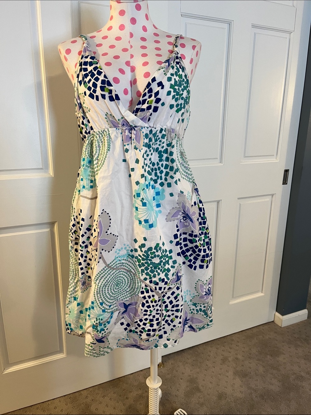 Old Navy White Mini Dress with Blue, Teal & Purple Print